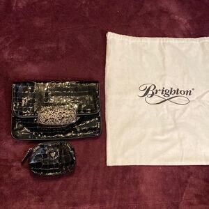 Vintage Brighton Black Patent Leather Clutch with Matching Coin Purse & Dust Bag